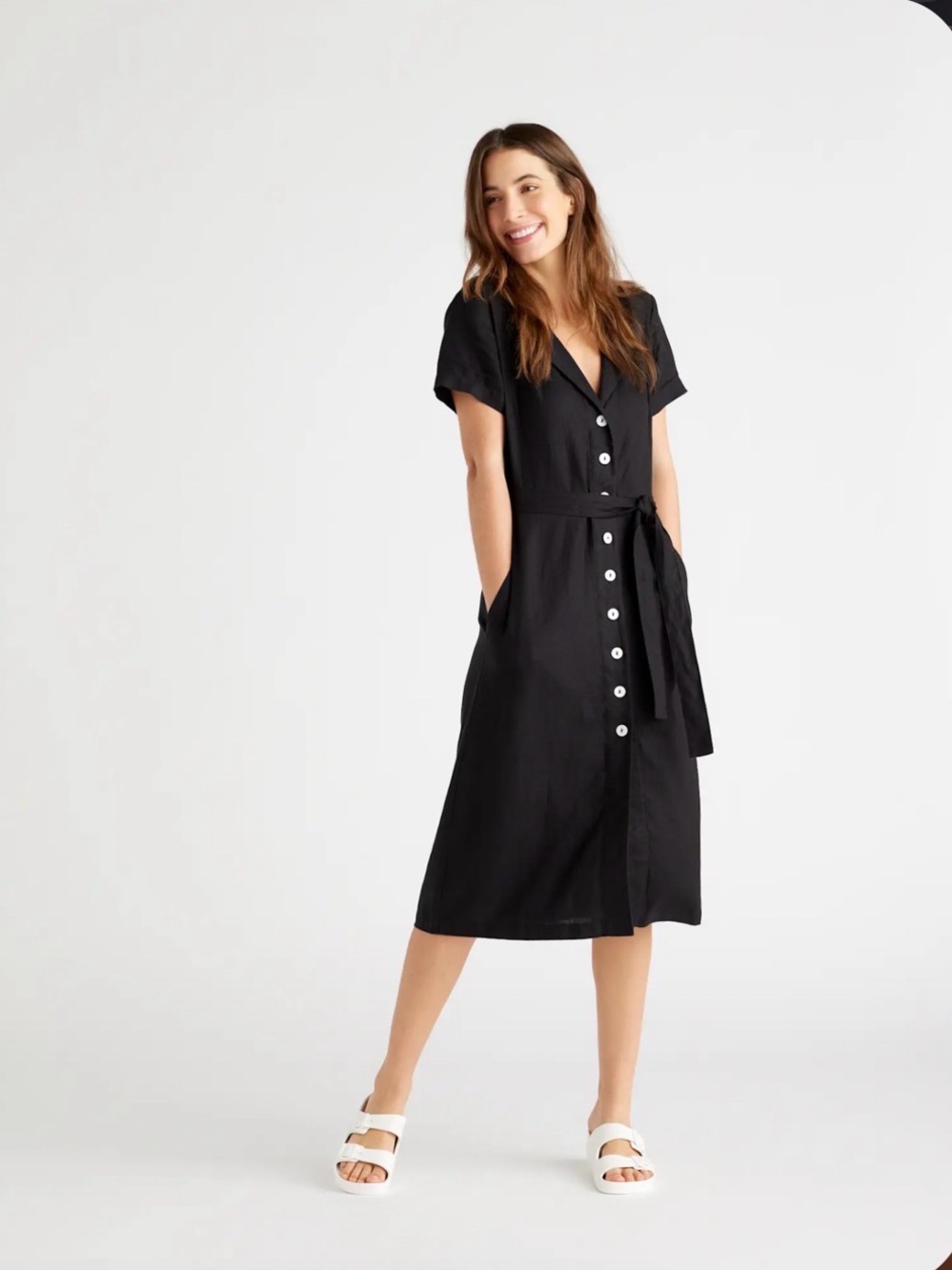 NWT Quince Black Button-Front Midi Dress with Tie Waist 100% linen